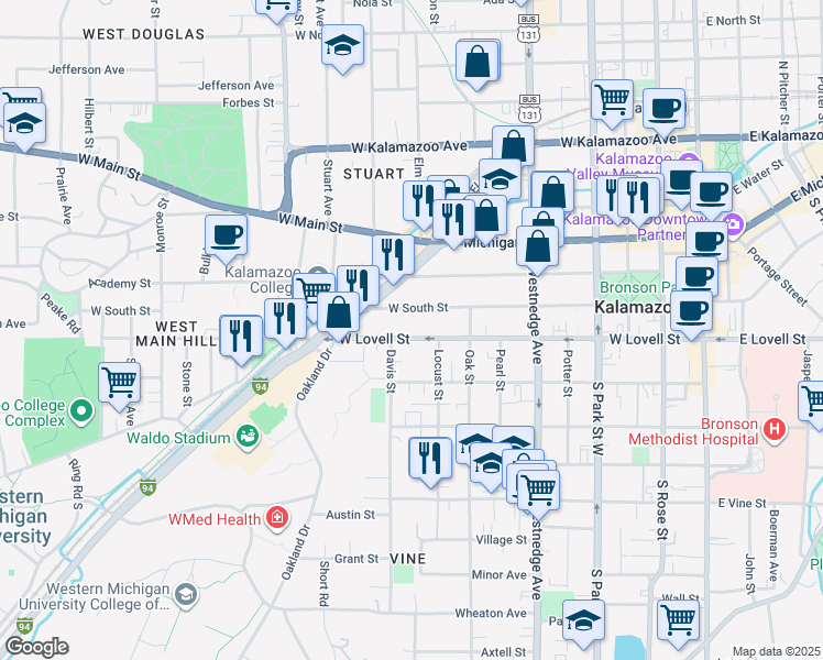 map of restaurants, bars, coffee shops, grocery stores, and more near 821 West South Street in Kalamazoo