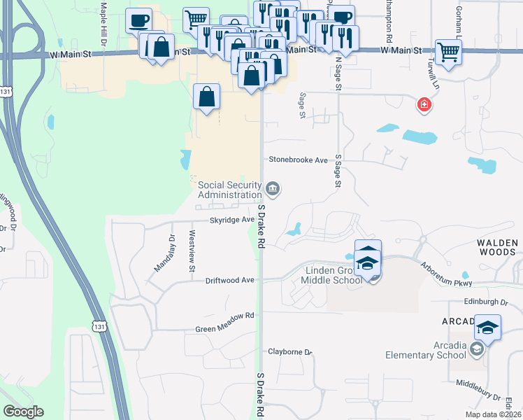 map of restaurants, bars, coffee shops, grocery stores, and more near 240 North Drake Road in Kalamazoo