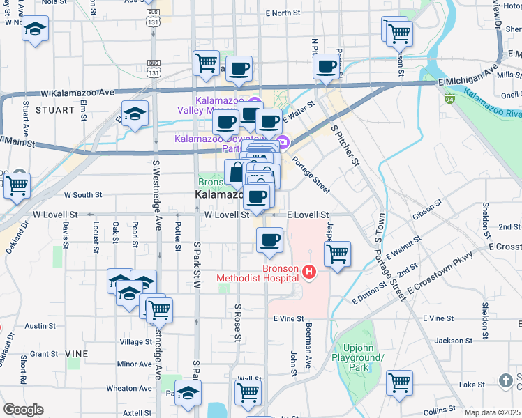 map of restaurants, bars, coffee shops, grocery stores, and more near 315 South Rose Street in Kalamazoo
