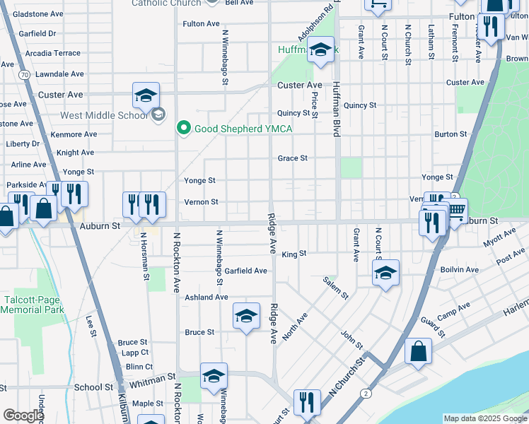 map of restaurants, bars, coffee shops, grocery stores, and more near 2105 Vernon Street in Rockford