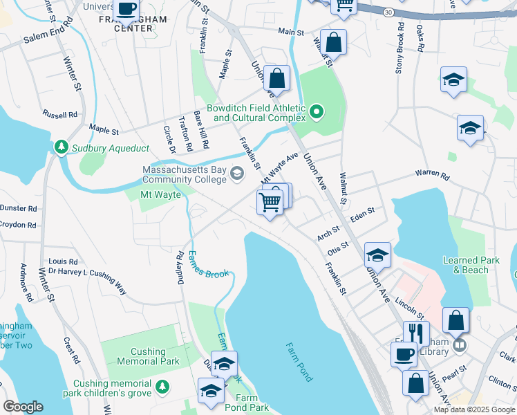 map of restaurants, bars, coffee shops, grocery stores, and more near 470 Franklin Street in Framingham