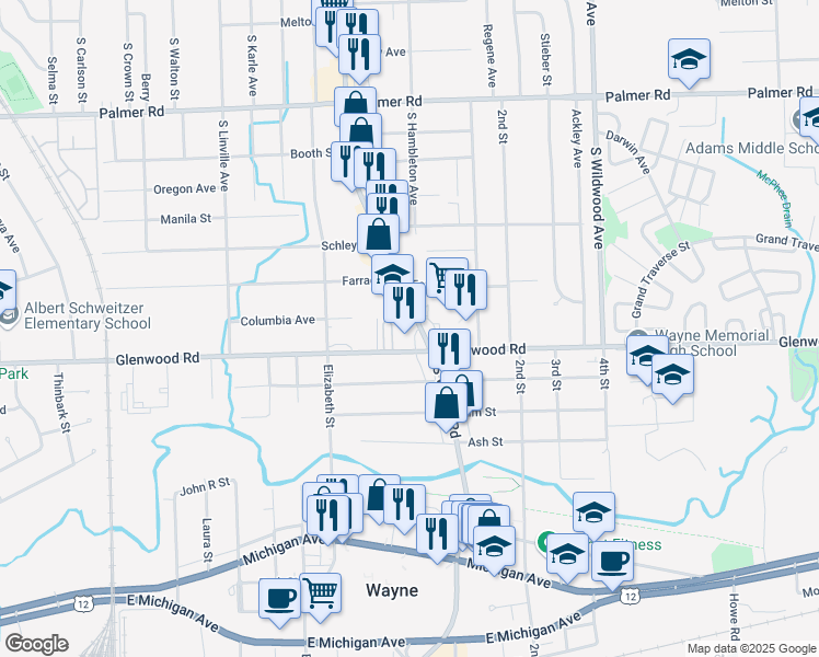 map of restaurants, bars, coffee shops, grocery stores, and more near in Westland