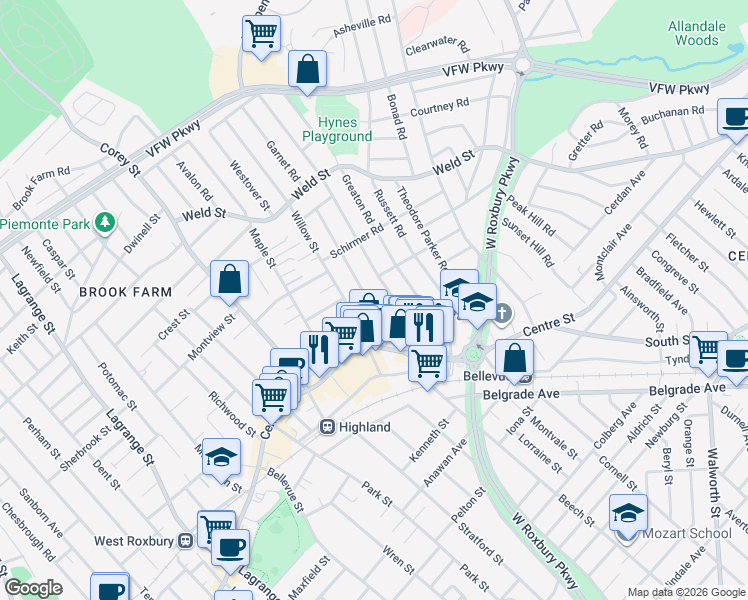 map of restaurants, bars, coffee shops, grocery stores, and more near 71 Redlands Road in Boston