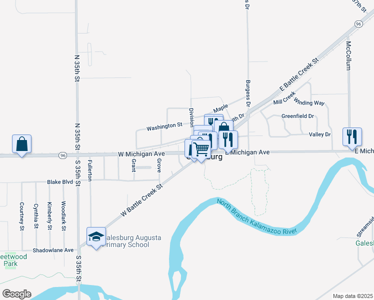 map of restaurants, bars, coffee shops, grocery stores, and more near 84 West Michigan Avenue in Galesburg