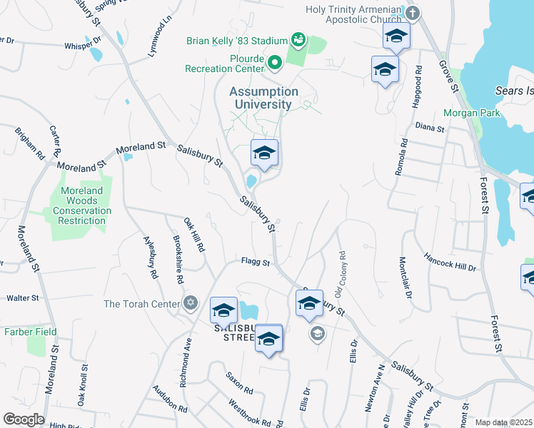 map of restaurants, bars, coffee shops, grocery stores, and more near 500 Salisbury Street in Worcester