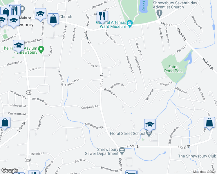 map of restaurants, bars, coffee shops, grocery stores, and more near 1 Jefferson Drive in Shrewsbury