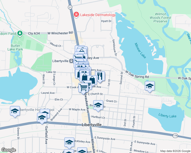 map of restaurants, bars, coffee shops, grocery stores, and more near 527 3rd Street in Libertyville
