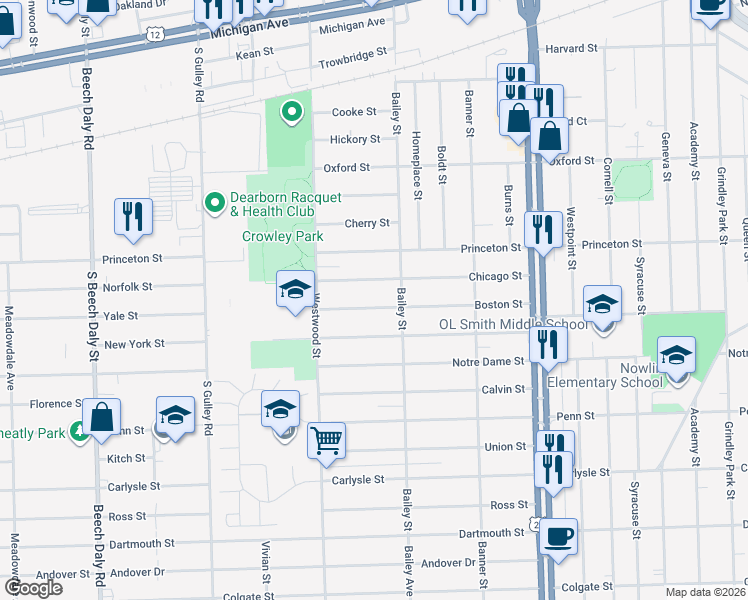 map of restaurants, bars, coffee shops, grocery stores, and more near 24731 Chicago Street in Dearborn