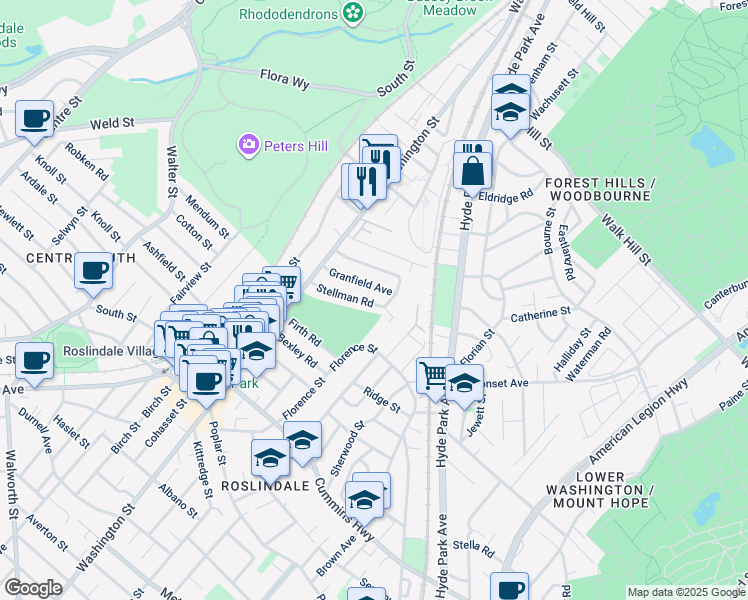 map of restaurants, bars, coffee shops, grocery stores, and more near 31 Granfield Avenue in Boston