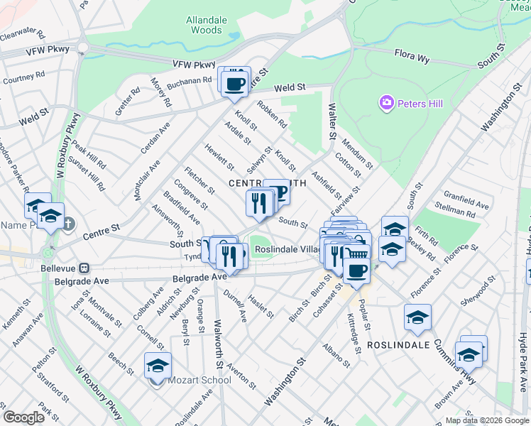 map of restaurants, bars, coffee shops, grocery stores, and more near 17 Hewlett Street in Boston