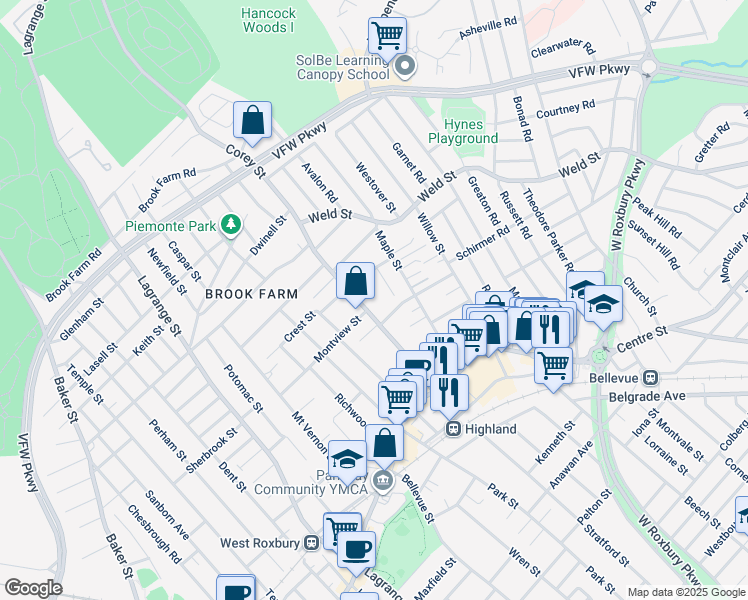 map of restaurants, bars, coffee shops, grocery stores, and more near 19 Hodgdon Terrace in Boston