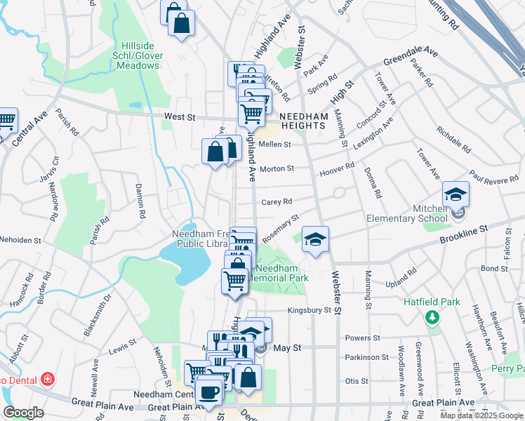 map of restaurants, bars, coffee shops, grocery stores, and more near 1081 Highland Avenue in Needham