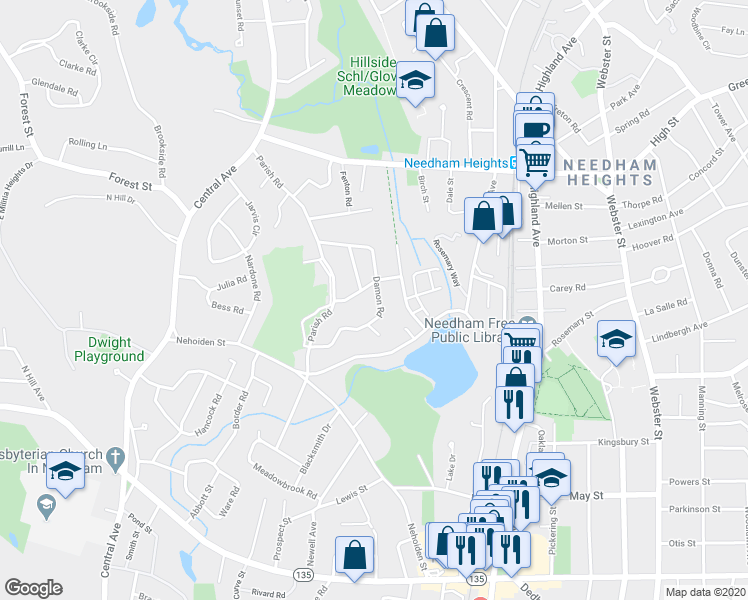 map of restaurants, bars, coffee shops, grocery stores, and more near 7 Hollow Ridge Road in Needham