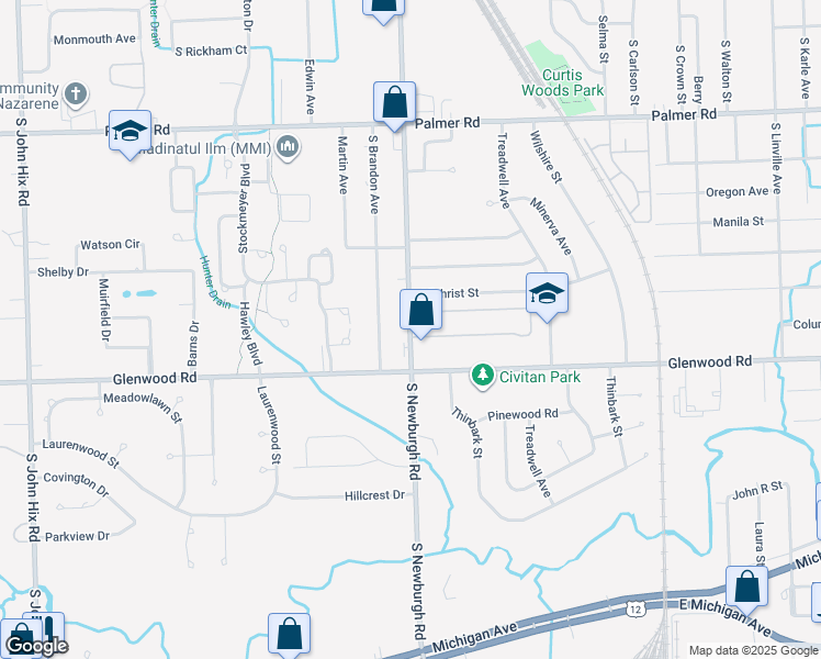 map of restaurants, bars, coffee shops, grocery stores, and more near 2597 South Newburgh Road in Westland