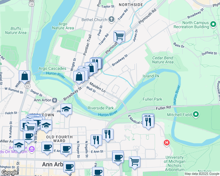 map of restaurants, bars, coffee shops, grocery stores, and more near 1129 Freesia Court in Ann Arbor
