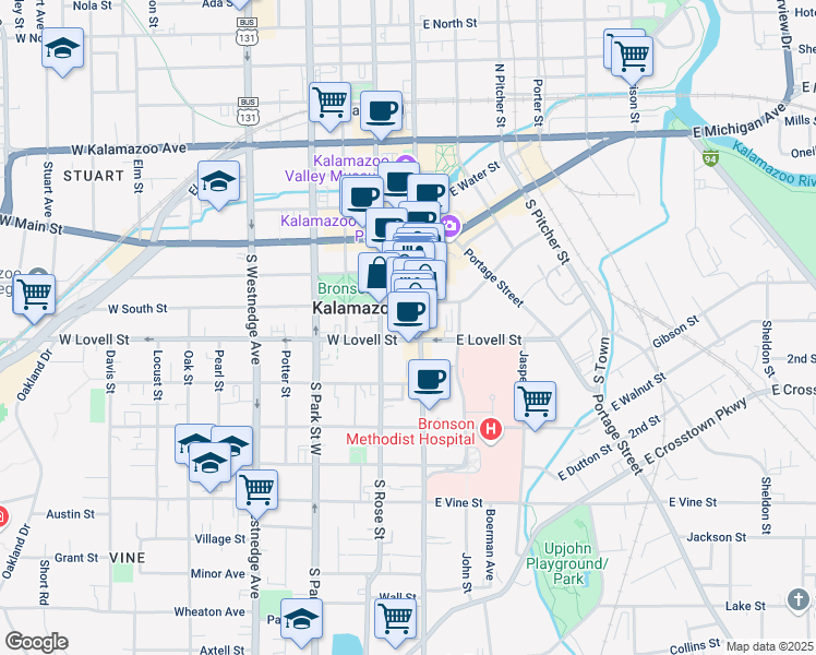 map of restaurants, bars, coffee shops, grocery stores, and more near 315 South Rose Street in Kalamazoo