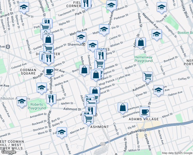 map of restaurants, bars, coffee shops, grocery stores, and more near 1803 Dorchester Avenue in Boston