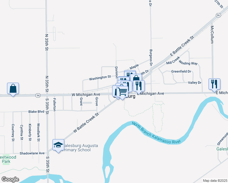 map of restaurants, bars, coffee shops, grocery stores, and more near 84 West Michigan Avenue in Galesburg