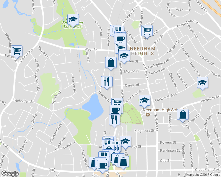 map of restaurants, bars, coffee shops, grocery stores, and more near 145 Rosemary St in Needham Heights