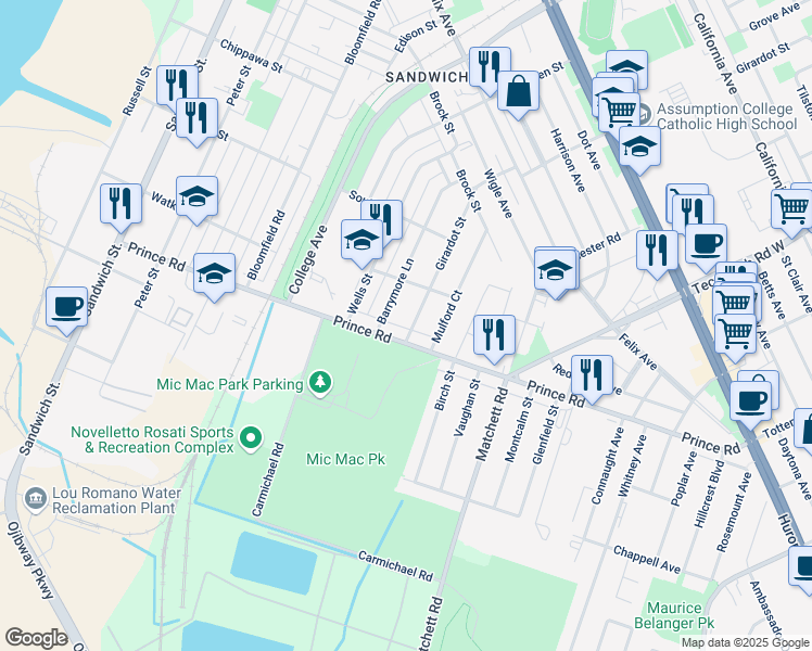 map of restaurants, bars, coffee shops, grocery stores, and more near 3672 Girardot Street in Windsor