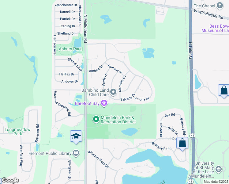 map of restaurants, bars, coffee shops, grocery stores, and more near 1600 Valencia Way in Mundelein