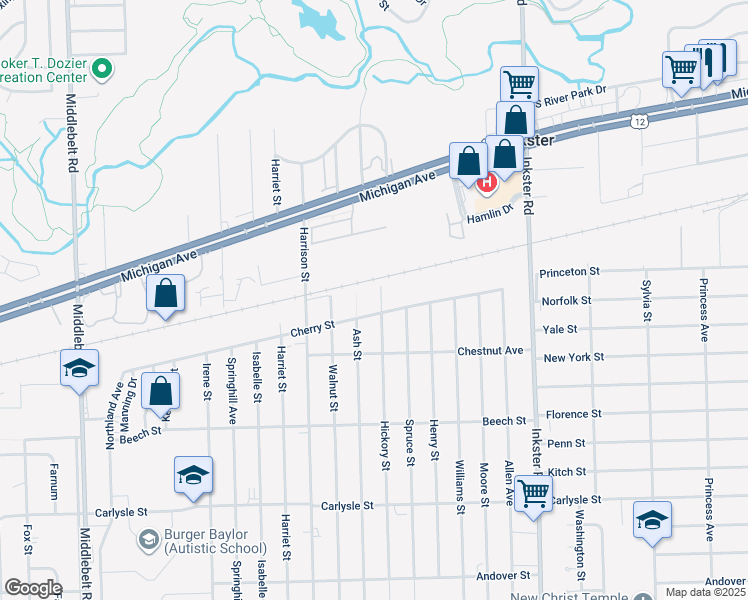 map of restaurants, bars, coffee shops, grocery stores, and more near 2942 Hickory Street in Inkster