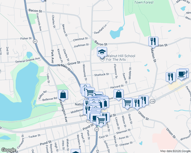 map of restaurants, bars, coffee shops, grocery stores, and more near 8 Shattuck Street in Natick