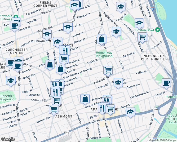 map of restaurants, bars, coffee shops, grocery stores, and more near 99 Msgr Patrick J Lydon Way in Boston