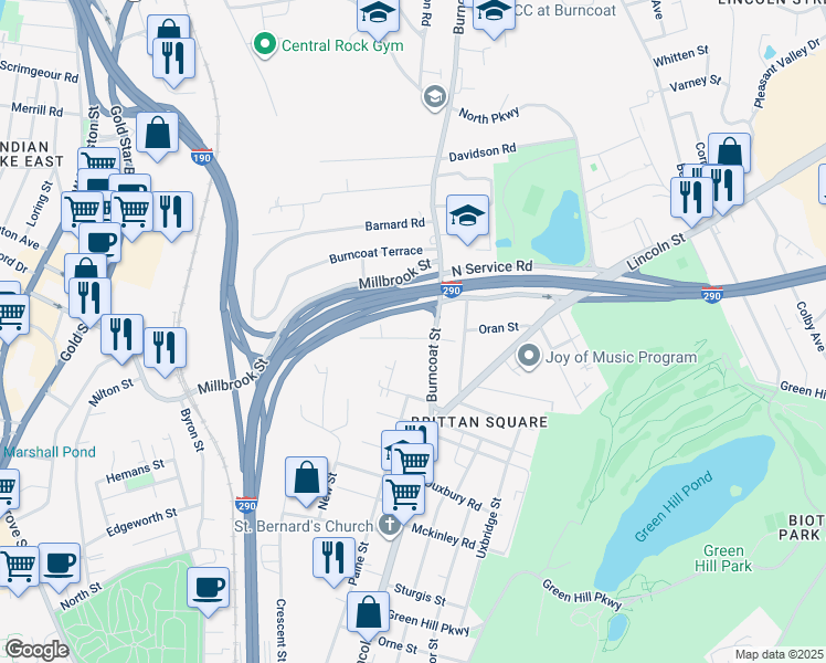map of restaurants, bars, coffee shops, grocery stores, and more near 12-14 Rankin Street in Worcester