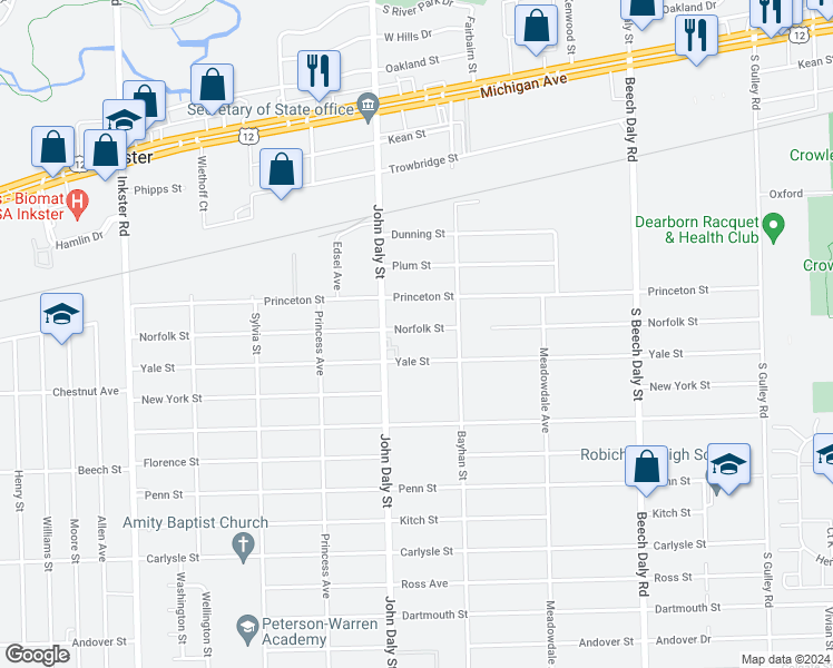 map of restaurants, bars, coffee shops, grocery stores, and more near 26433 Norfolk Street in Inkster