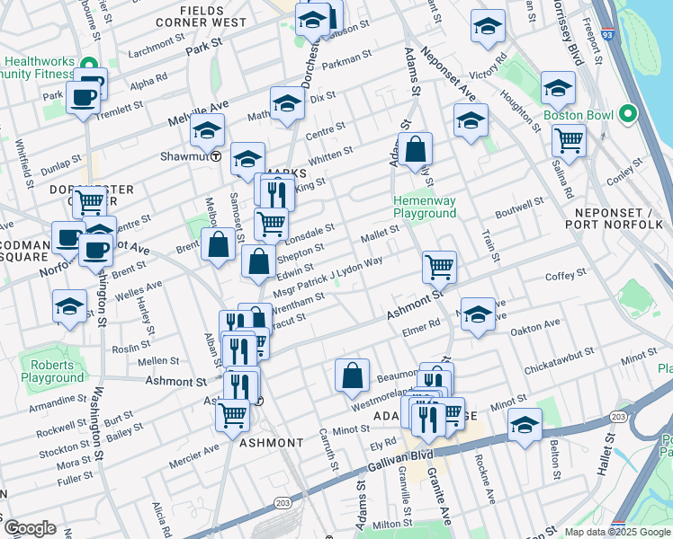 map of restaurants, bars, coffee shops, grocery stores, and more near 62 Msgr Patrick J Lydon Way in Boston