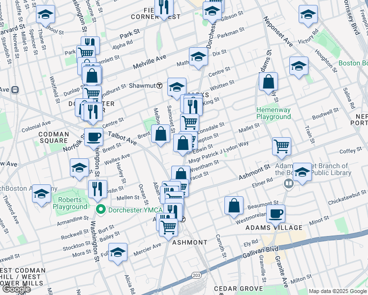 map of restaurants, bars, coffee shops, grocery stores, and more near 1803 Dorchester Avenue in Boston