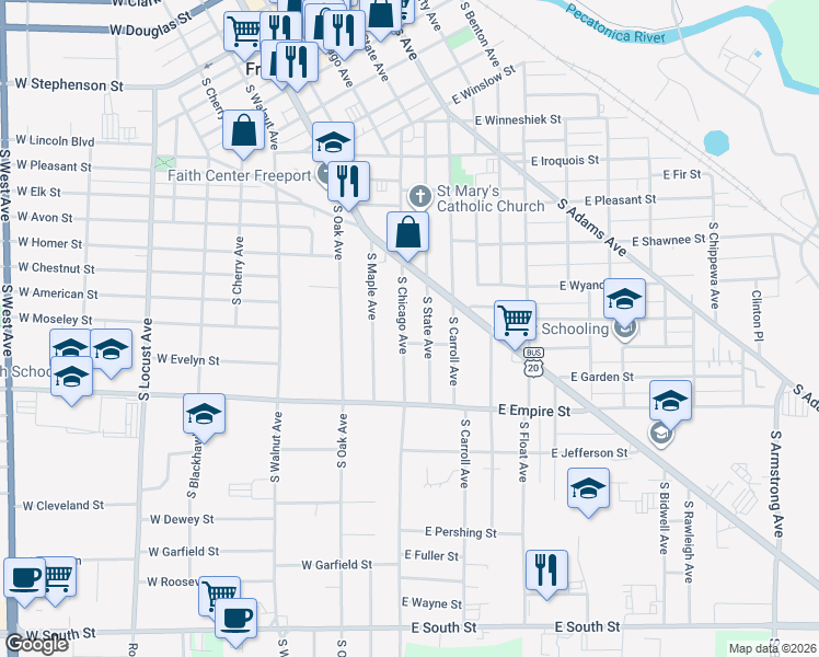 map of restaurants, bars, coffee shops, grocery stores, and more near 1031 South Chicago Avenue in Freeport