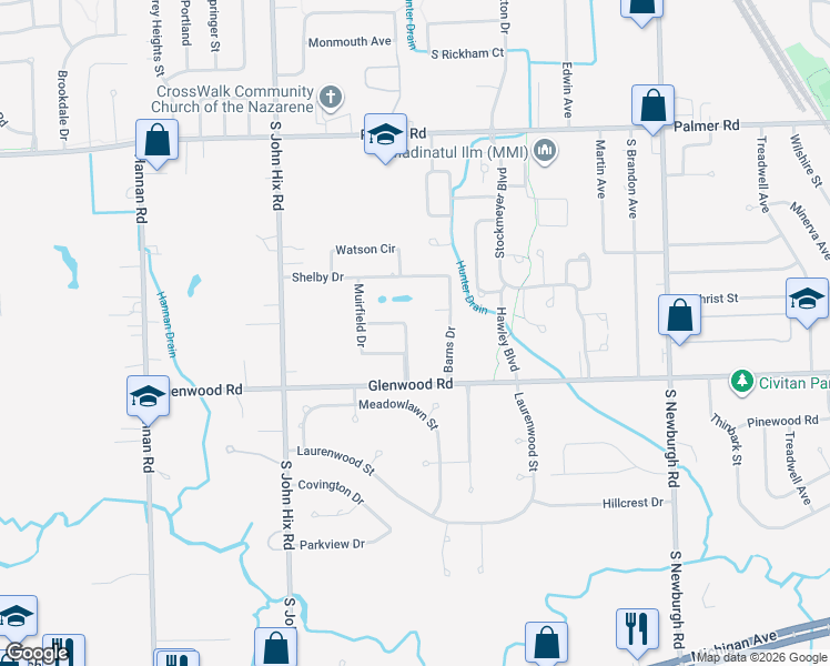 map of restaurants, bars, coffee shops, grocery stores, and more near 38353 Clinton Court in Westland