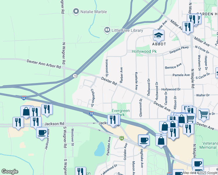 map of restaurants, bars, coffee shops, grocery stores, and more near 3261 Dexter Road in Ann Arbor