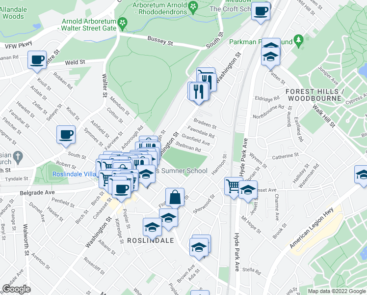 map of restaurants, bars, coffee shops, grocery stores, and more near 21 Stellman Road in Boston