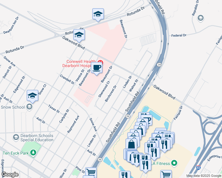 map of restaurants, bars, coffee shops, grocery stores, and more near 1533 Sherwood Court in Dearborn