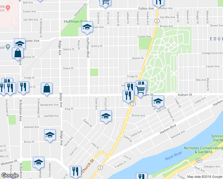 map of restaurants, bars, coffee shops, grocery stores, and more near 1515 North Court Street in Rockford