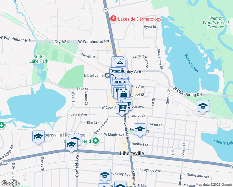 map of restaurants, bars, coffee shops, grocery stores, and more near 115 Lake Street in Libertyville