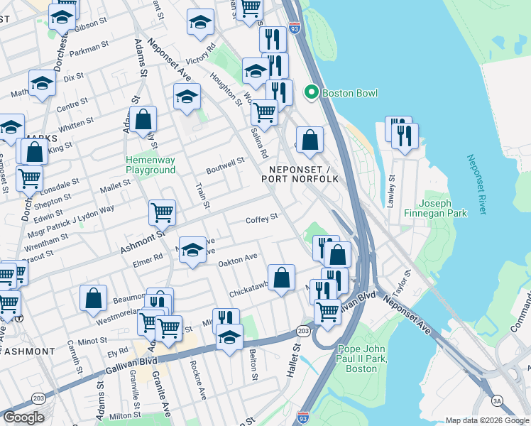 map of restaurants, bars, coffee shops, grocery stores, and more near 48 Coffey Street in Boston