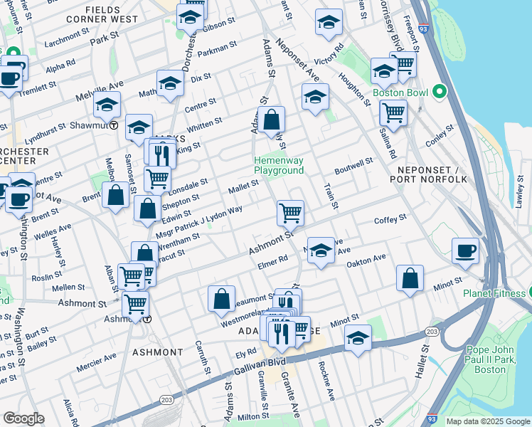map of restaurants, bars, coffee shops, grocery stores, and more near 585 Adams Street in Boston