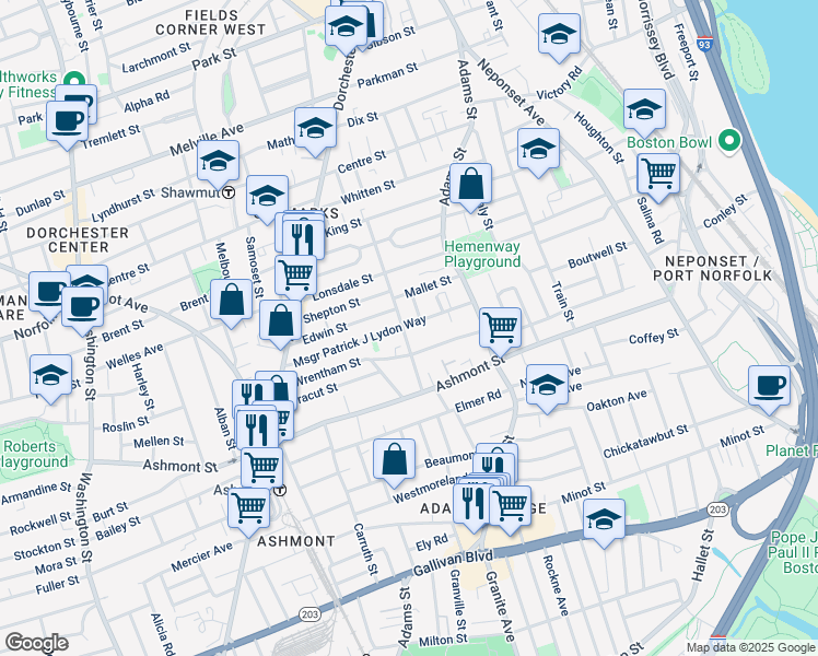 map of restaurants, bars, coffee shops, grocery stores, and more near 99 Msgr Patrick J Lydon Way in Boston