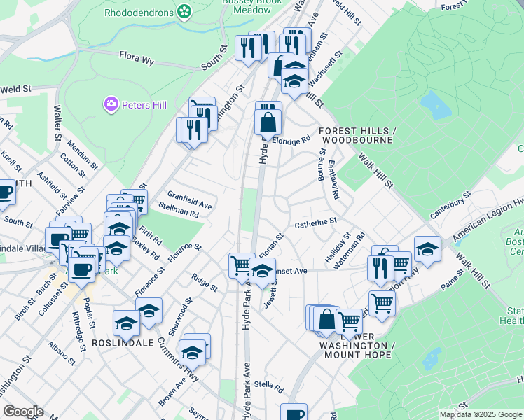 map of restaurants, bars, coffee shops, grocery stores, and more near 340 Hyde Park Avenue in Boston