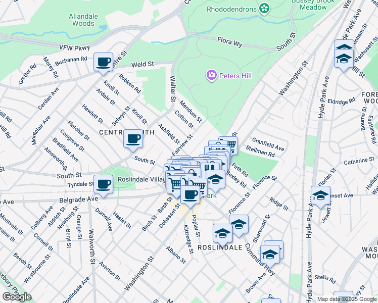 map of restaurants, bars, coffee shops, grocery stores, and more near 12 Arborough Road in Boston
