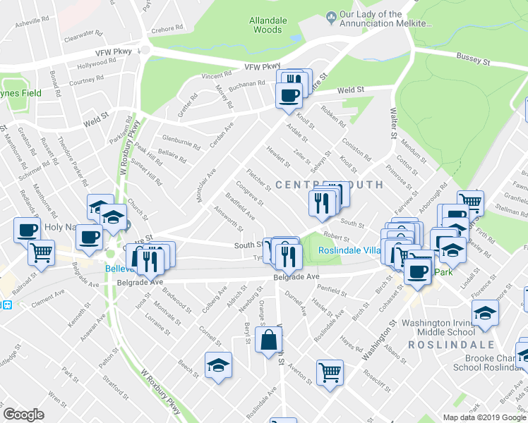 map of restaurants, bars, coffee shops, grocery stores, and more near 62 Congreve Street in Boston