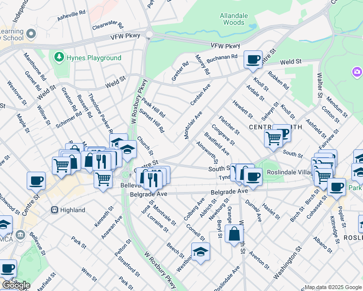map of restaurants, bars, coffee shops, grocery stores, and more near 23 Sunset Hill Road in Boston