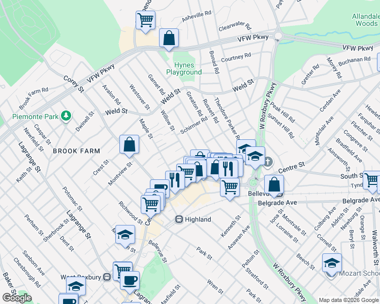map of restaurants, bars, coffee shops, grocery stores, and more near 71 Redlands Road in Boston