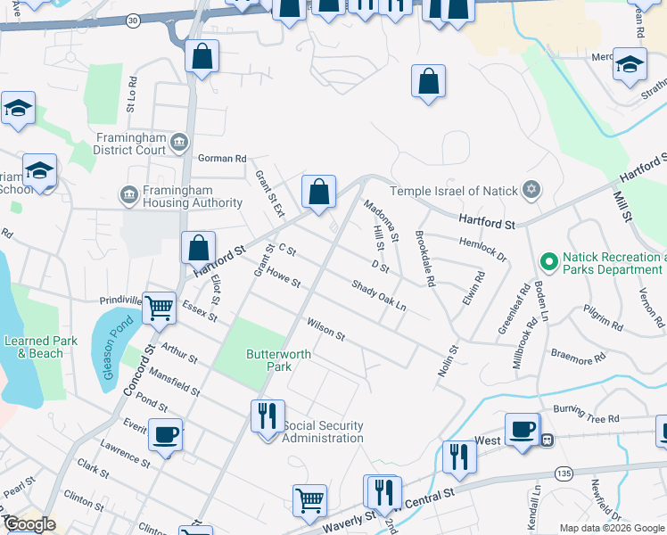 map of restaurants, bars, coffee shops, grocery stores, and more near 5 D Street in Natick