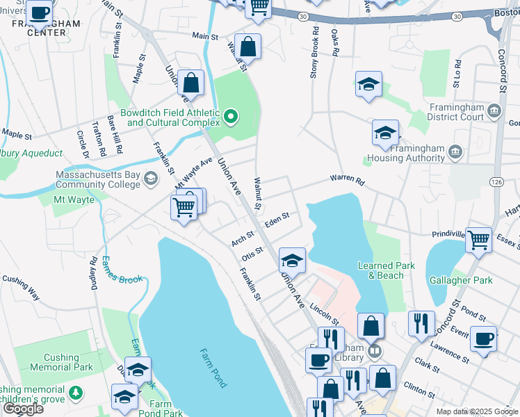 map of restaurants, bars, coffee shops, grocery stores, and more near 3 Warren Road in Framingham
