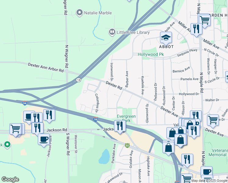 map of restaurants, bars, coffee shops, grocery stores, and more near 3261 Dexter Road in Ann Arbor